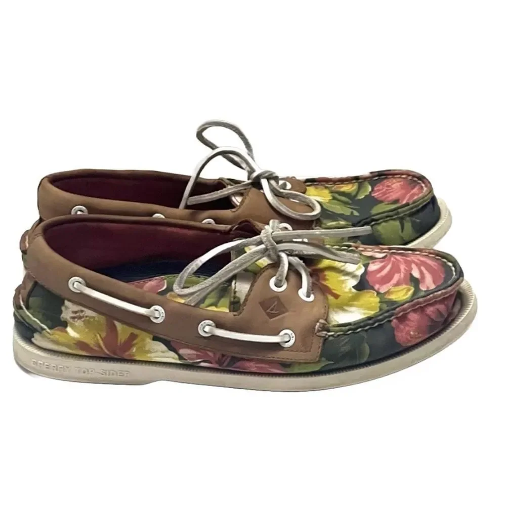 Sperry Leather Canvas Mens Boat Shoes Sz 8 Floral Preppy Casual Nautical Coastal